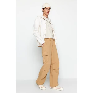 Trendyol Men's Camel Wide-Cut Cargo Jeans with Elastic Waist.