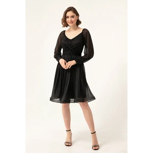 Lafaba Women's Black With Belt, Glittery Midi Evening Dress