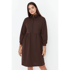 Trendyol Brown Stand Up Collar Zipper Detailed Knitted Dress