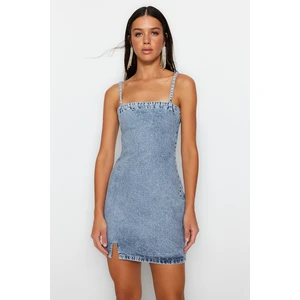 Trendyol Blue Fitted Denim Shiny Stone Stylish Evening Dress