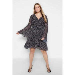 Trendyol Curve Black Woven Heart Pattern V Neck Gipe Detail Chiffon Dress