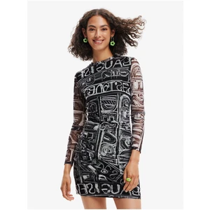 Black Women Patterned Pencil Mini Dress Desigual Lettering - Women