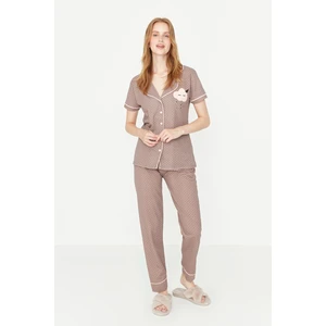 Trendyol Mink Printed Shirt-Pants Knitted Pajamas Set