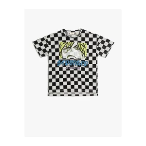 Koton Manga Character Print Checkered T-Shirt Short Sleeved Crew Neck Cotton.