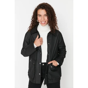 Trendyol Black Collar with Velvet Detail Waxed Look Coat