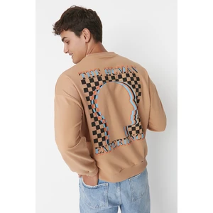 Trendyol Beige Men's Oversize Crew Neck Long Sleeve Printed Sweatshirt