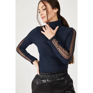 armonika Women's Navy Blue Neck Sleeves Lace Detailed Knitwear Sweater