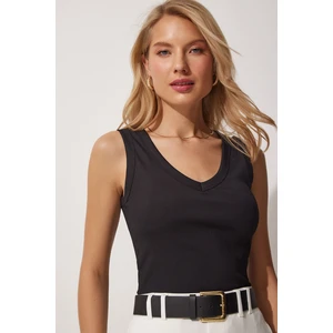 Happiness İstanbul Women's Black V-Neck Corduroy Crop Top