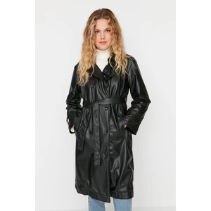 Trendyol Black Oversized Faux Leather Trench Coat With Button Closure