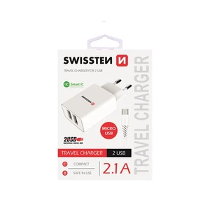 Nabíječka Swissten Smart IC 2.1A s 2 USB konektory a datovým kabelem USB/Micro USB, 1,2m, bílá