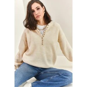 Bianco Lucci Women's Button Down Turtleneck Knitwear Sweater