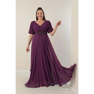 By Saygı Plus Size Long Chiffon Dress With A V-Neck Front Beaded Waist Draped and Lined Front Back