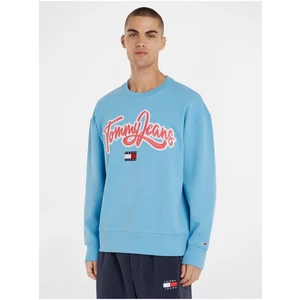 Light Blue Mens Sweatshirt Tommy Jeans College Pop Text Crew - Men