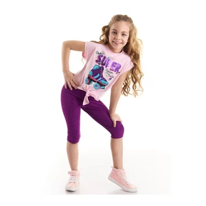 Mushi Super Roller Skates Girl's Pink T-shirt and Purple Leggings Set.