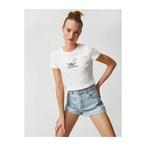 Koton Crop T-Shirt with Printed Short Sleeves Crewneck Corduroy