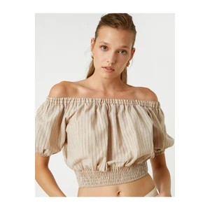 Koton Off-the-Shoulder Crop Blouse With Elastic Waist, Linen Blend.