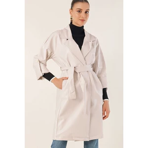 Bigdart 1034 Belted Faux Leather Trench Coat - Ecru