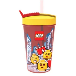 Czerwony kubek podróżny z żółtym wieczkiem i słomką LEGO® Iconic, 500 ml