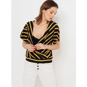 Black-yellow striped T-shirt with CAMAIEU translation - Women