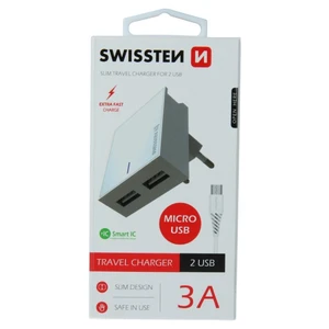 SWISSTEN SÍŤOVÝ ADAPTÉR SMART IC, CE 2x USB 3A POWER BÍLÝ + DATOVÝ KABEL SWISSTEN USB / MICRO USB 1,2m, bílý