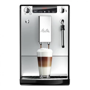 Espresso Melitta Solo & Milk Stříbrné strieborn... Malý plně automatický kávovar, pouze 20cm široký, parní tryska na výrobu mléčné pěny a horkého mlék