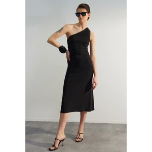 Trendyol Limited Edition Black Fitted One-Shoulder Midi, Flexible Knit Dress