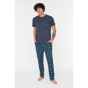 Trendyol Navy Blue Men's Regular Fit Printed Knitted Pajamas Set.