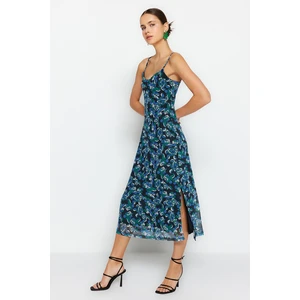 Trendyol Blue Floral Pattern With a Slit Detail Lined Tulle Straps Open-Air Midi Dress