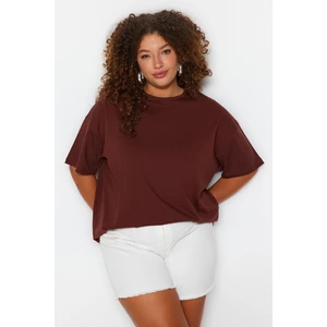 Trendyol Curve Brown Crew Neck Knitted T-shirt with a Print on the Back