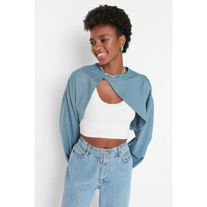 Trendyol Indigo Asymmetrical Super Crop Crew Neck Thin Knitted Sweatshirt