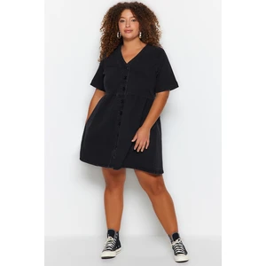 Trendyol Curve Anthracite Open-Waist/Skater V-Neck Denim Dress