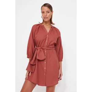 Trendyol Brown Belted Mini Woven 100% Cotton Beach Dress