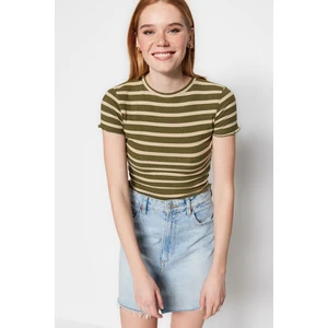 Trendyol Khaki Stripe Baby Overlock Detailed Fitted Crop Knitted Blouse