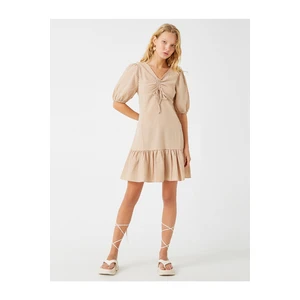 Koton Pleated V-Neck Dress with Balloon Sleeves