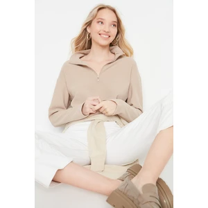 Trendyol Beige Thessaloniki/Knitwear Look, Zippered Collar Regular/Regular Knitted Sweatshirt