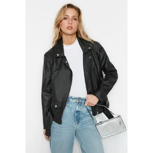 Trendyol Black Belt Detailed Faux Leather Biker Coat