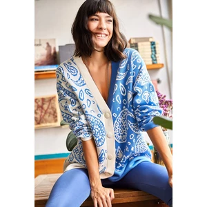Olalook Women's Blue Shawl Pattern Soft Textured Overwear Cardigan