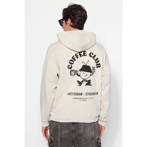 Trendyol Stone Men's Oversized Hooded Puffy Print Detailed Pile Cotton Sweatshirt with a Soft Inside Inside.