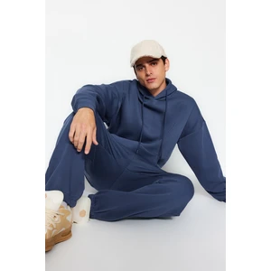 Trendyol Pale Indigo Men's Oversize Basic Hoodie with Elastic Legs Basic Fleece Interior Tracksuit Set.
