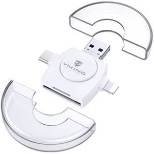 Čítačka pamäťových kariet Viking SD, Micro SD 4v1, OTG, s koncovkou Lightning/Micro USB/USB 3.0/USB-C (VR4V1W) biela VIKING ČTEČKA PAMĚŤOVÝCH KARET V4