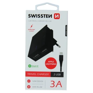 SWISSTEN SÍŤOVÝ ADAPTÉR SMART IC 2x USB 3A POWER + DATOVÝ KABEL USB / LIGHTNING 1,2 M, ČERNÁ