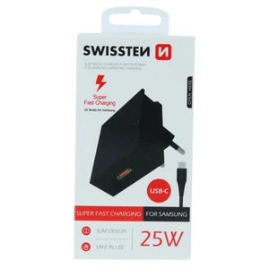 Gyorstöltő Swissten Samsung Super Fast Charging 25 W + kábel USB-C/USB-C 1,2 m, fekete