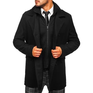 Černý pánský dvouřadový kabát s odepínacím límcem Bolf 8805