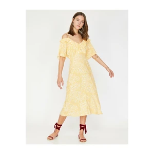 Koton Women's Yellow Short Sleeve Ruffle Detailed Midi Dress