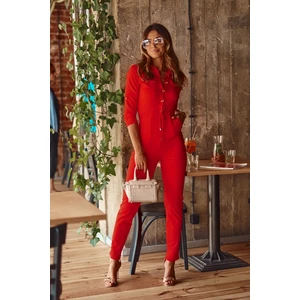 Red women's overall with collar