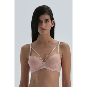 Dagi Dark Pink Half Padded Bra with Rope Detail on the Chest, Patterned Tulle Bra.