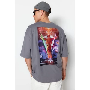 Trendyol Anthracite Men's Oversize/Wide Cut Crew Neck Short Sleeve Space Printed 100% Cotton T-Shirt.