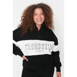 Trendyol Curve Black Color Block Zippered Stand-Up Collar Thick Sharding Knitted Sweatshirt.