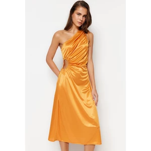 Trendyol Orange Knitted Evening Dress with Window/Cut Out Detailed in Satin