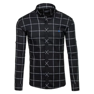 Čierna pánska károvaná košeľa s dlhými rukávmi BOLF 0280